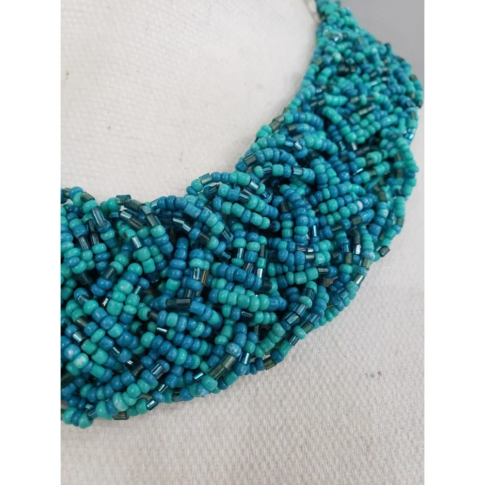 Blue Glass Seed Bead Necklace Braided Turquoise Colors‎ Boho Bohemian Chunky